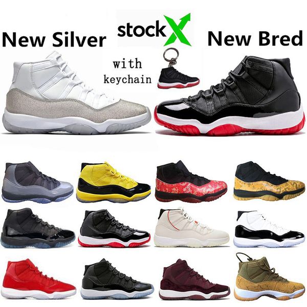 

new arrival bred metallic silver 11 11s basketball shoes concord 45 cap and gown snakeskin white bred women mens trainers sneakers 5.5-13, White;red