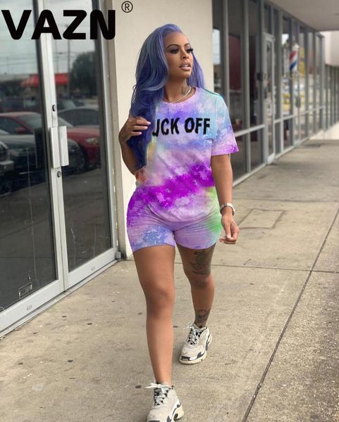 

vazn gradient ramp tie dye print clubwear jogging femme biker shorts women clothes outfit women short sleeve active wear, White