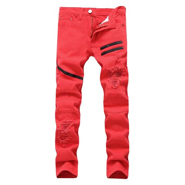 

men casual jeans fashional denim pants knee holes panelled zipped hiphop pants washed middle waist ing, Blue