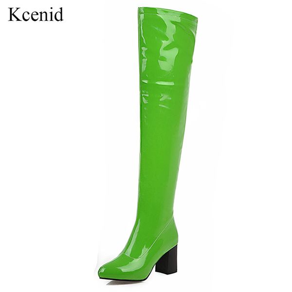 

kcenid 2020 ladies shoes square heel over the knee boots red black stretch patent leather pointed toe woman motorcycle boots new