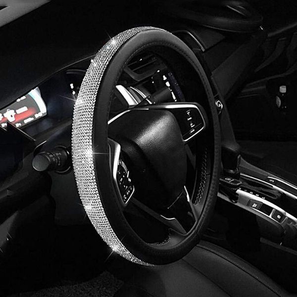 

cystal steering wheel cover with pu leather bling bling rhinestones universal 15 inch auto steering wheel black silver