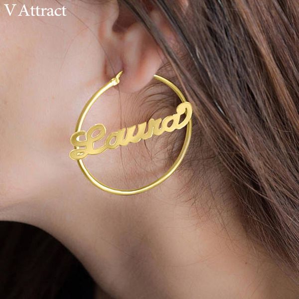 

v attract custom jewelry personalized name large earrings for women hiphop brincos stainless steel big circle round bijoux aros, Golden;silver