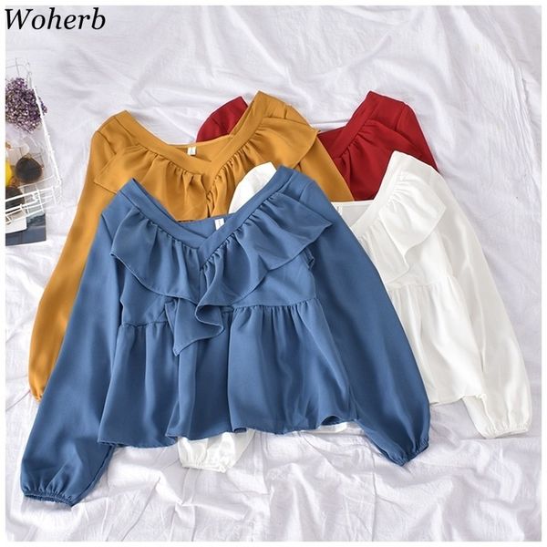 

woherb blusas mujer de moda 2020 womens and blouses kawaii ruffle shirt loose long-sleeved v-neck shirts korean modis, White
