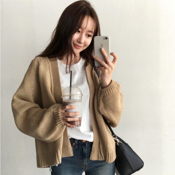 

2019 autumn winter short cardigan korean women's new chic style loose short sweater coat student female knitted cardigan, White