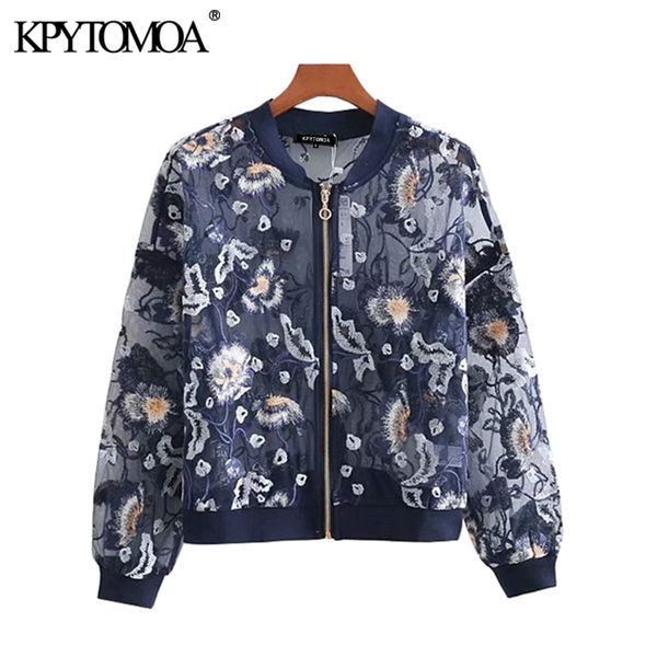 

kpytomoa women 2020 fashion floral embroidered organza jacket coat vintage long sleeve zipper female outerwear chic, Black;brown