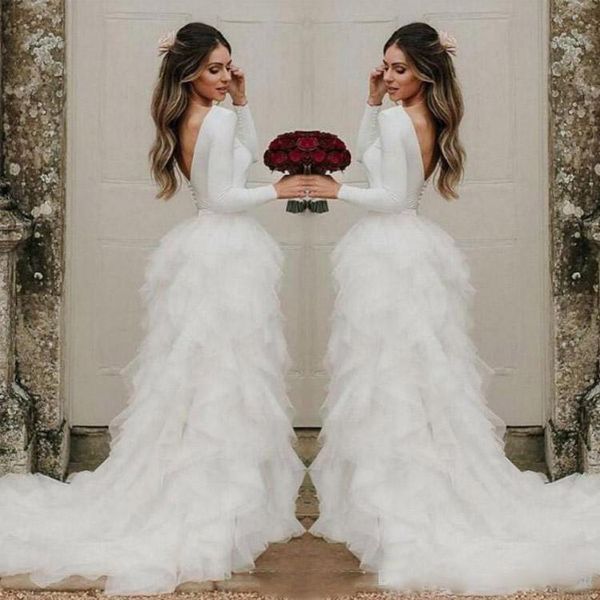 

2020 романтический ruffles линия свадебные платья с длинными рукавами v кнопки назад свадебные платья формальные развертки поезд customize w, White