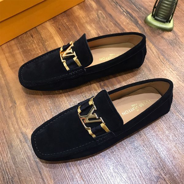 

luxury fashion mens dress shoes genuine leather flat metal button peas shoes comfortable casual driving trainer shoes sneakers high quality, Black