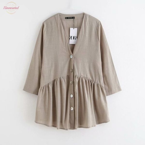 

women vintage v neck buttons pleats casual smock solid shirts blouses office lady nine sleeve linen roupas femininas blusa ls4518, White