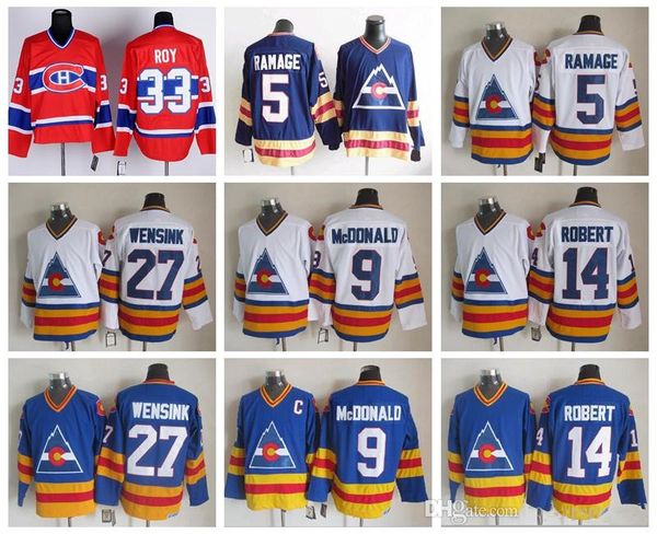 

colorado avalanche 33 patrick roy jersey men hockey 27 john wensink 5 rob ramage 14 rene robert 9 lanny mcdonald vintage ccm, Black;red