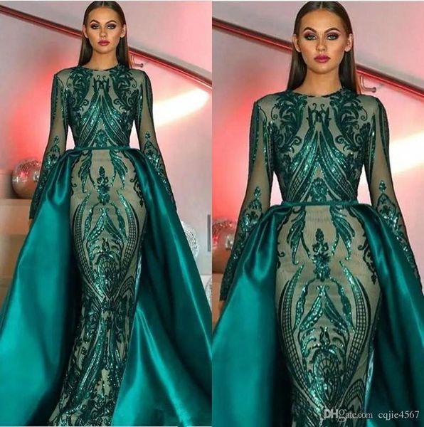 

new luxury muslim dark green long sleeves sequins mermaid evening dresses 2019 illusion plus size formal party prom gowns with detachable sk, Black;red