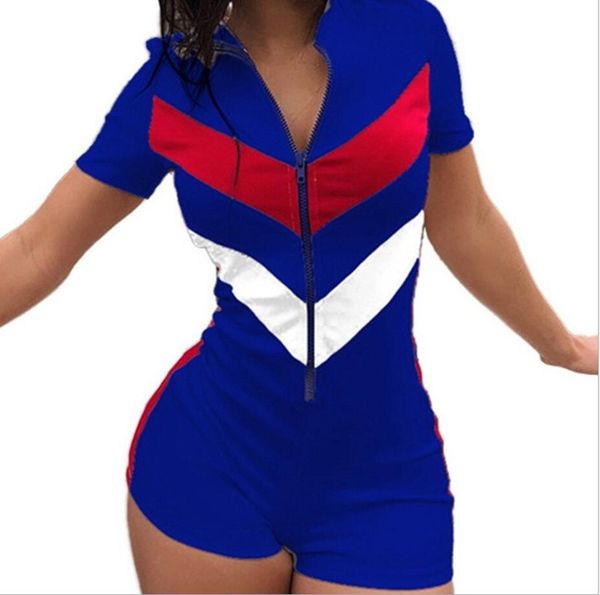 

s-3xl лета женщин sexy sportswear v шеи с коротким рукавом на молнии цвет нашивки комбинезоны slim fit костюм шорты комбинезон комбинезон ou, Black;white