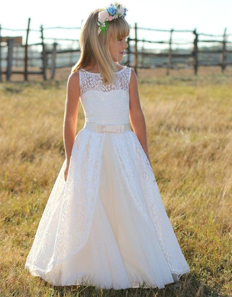 Sheer Neck Ivory Lace vestido da menina de flor com faixa Bow Vestidos de dama de honra Júnior com sobreposição de saia Primeiro vestido de comunhão