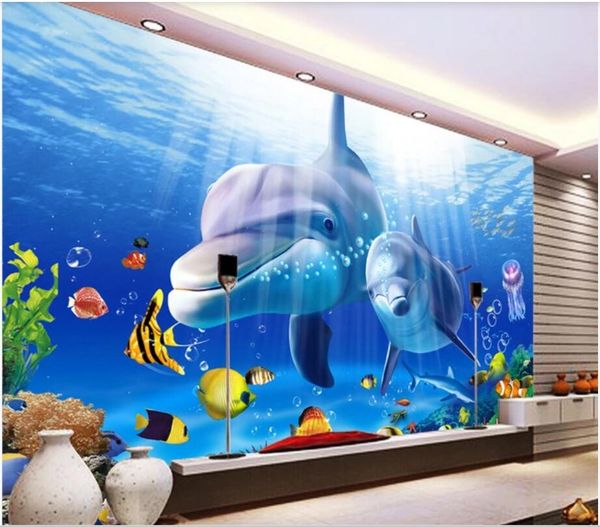 

custom p 3d wallpaper blue ocean 3d dolphin 3d stereoscopic underwater world tv background wall pictures wallpaper mural for walls 3 d