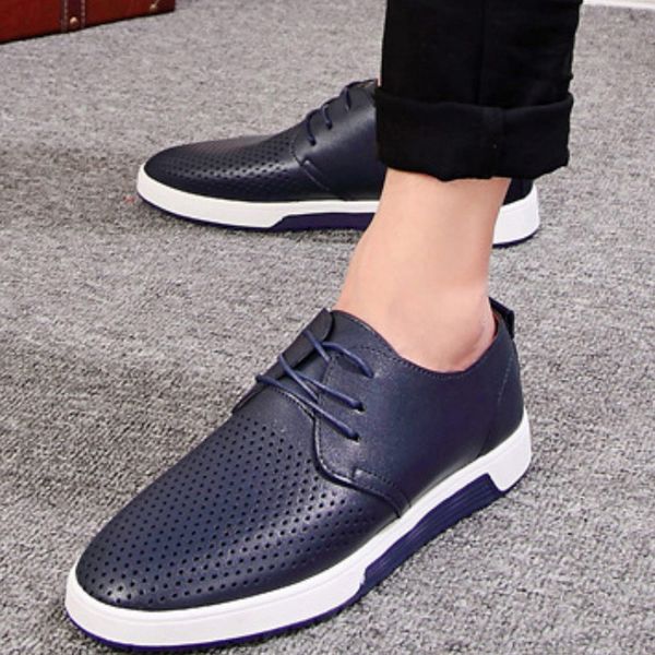 

men casual pu shoes breathable loafers lace-up flat sneakers for office party sma66, Black