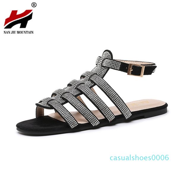 

nan jiu mountain summer roman sandals women flat sandals handmade rhinestones open toe women's shoes plus size c06, Black