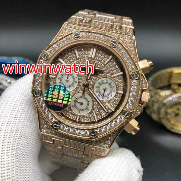 

fashion men's selling watches full ice out diamond rose gold stainless steel 41mm vk quartz chronograph watch ing, Slivery;brown