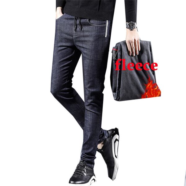 

мужчины джинсы зима slim fit повседневная флис толстые узкие джинсы мода стрейч бархат черный эластичный пояс прямые брюки разорвал, Blue