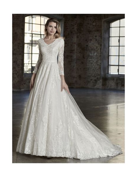 2019 Nuovi abiti da sposa modesti in pizzo a-line con maniche lunghe illusionate con scollo a V bottoni sul retro abiti da sposa religiosi maniche su misura