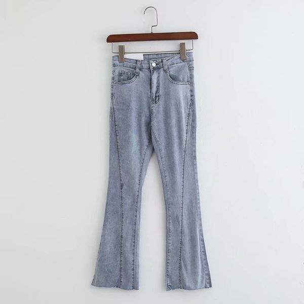 

popular new qq50-8522 european and american fashion splicing high elastic waist flared jeans, Blue