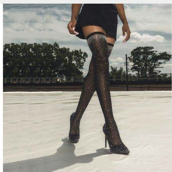 

fashion high heel 12cm crystal stretch fabric sock boots pointy toe over-the-knee heel thigh high pointed toe woman boots yuyj8, Black