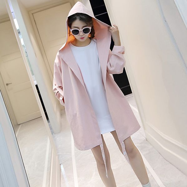 

women girl autumn coat hooded loose medium long preppy style spring trench coat fou99, Black;red