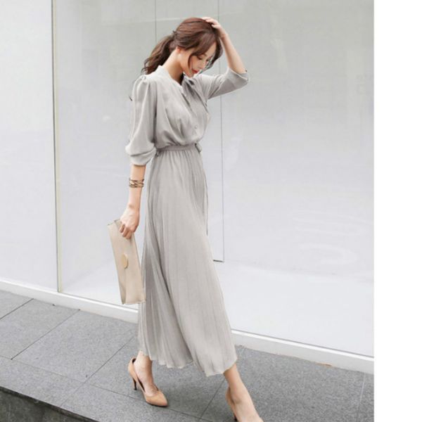 

womens dress spring pleated fashion 2020 new plaid slim high wasit long temperament office female dresses long sleeve casual, Black;gray