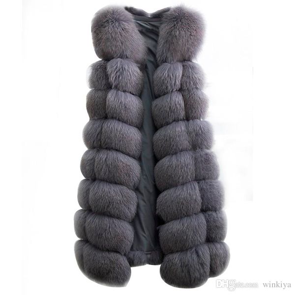 

90 см натуральный натуральный лисий мех жилет новый 2018 зима длинные толстые женщины подлинный мех жилет куртка карманы реальный мех жилет, Black