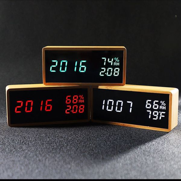 

2 in 1 bamboo electronic clock led digital bell alarm clock solid wooden temperature humidity bedroom students desk