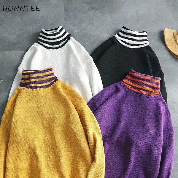 

turtleneck sweater men patchwork loose 2xl simple casual mens clothing ulzzang all-match korean soft knitted high quality, White;black