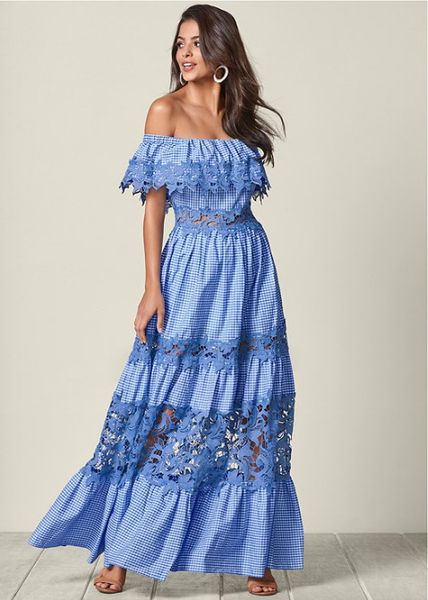 

2020 blue summer women dress plaid slash neck off the shoulder dress hollow out high waist maxi long party dresses autumn winter, Black;gray