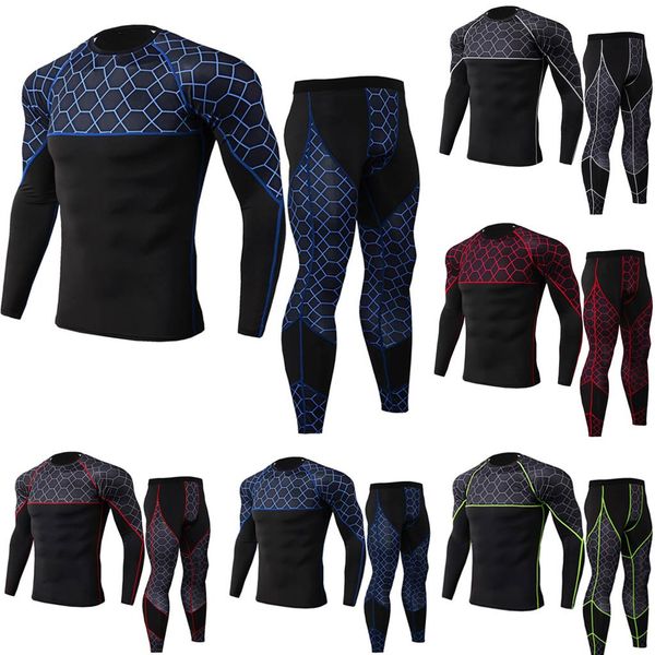 

2 piece tracksuit for men compression long sleeve t shirt kit camouflage sweatshirt + leggings fitness thermal underwears, Gray