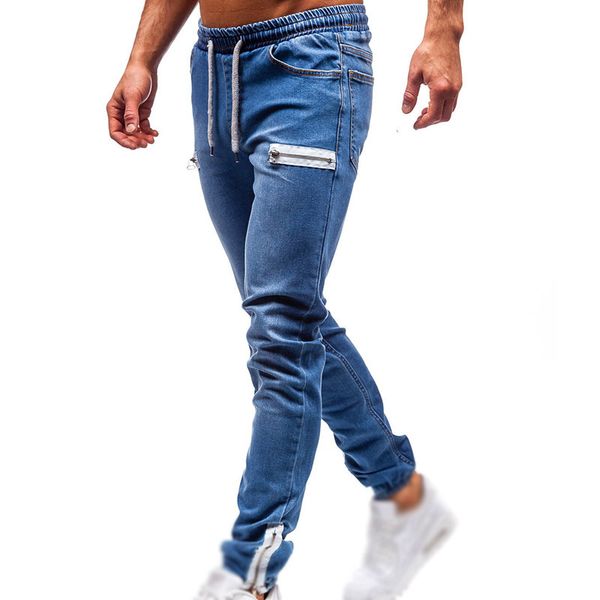 

men denim skinny slim fit jeans trousers casual drawstring jogger bottoms pants, Blue