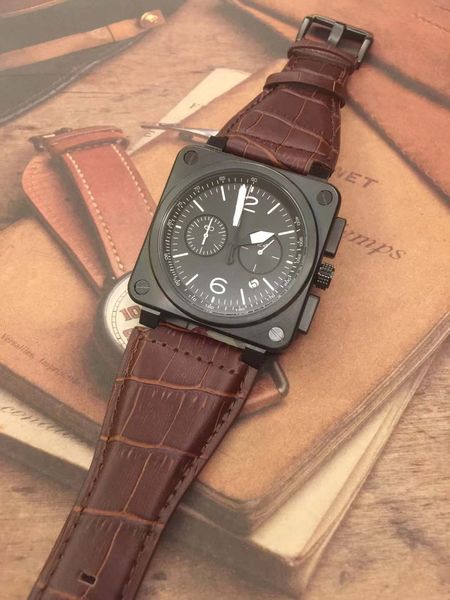 

46mm outdoor bellross instrument heritage mens watches square black steel case quartz satch watch brown leather strap wristwatches, Slivery;brown