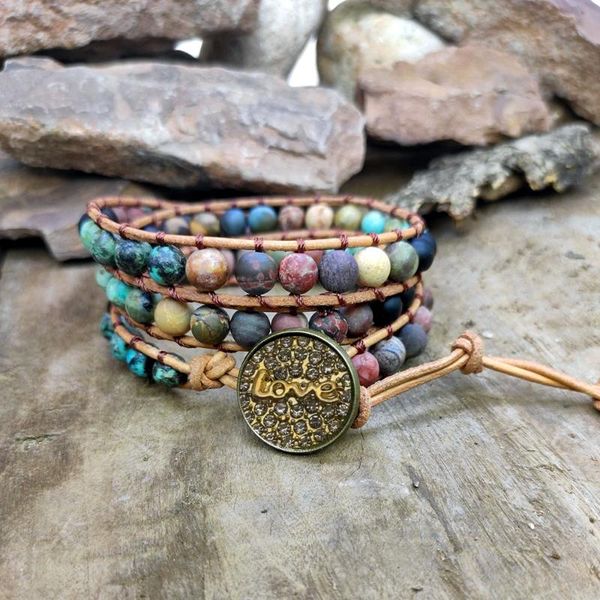 

love leather bracelets 6mm matte stone 3 strands wrap bracelets woven multilayer boho bracelet handmade jewelry dropship, Golden;silver