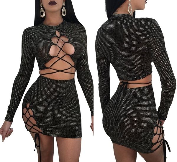 2019 Black Knitted Fabric Tracksuit Sexy Hollow Suit Women Long