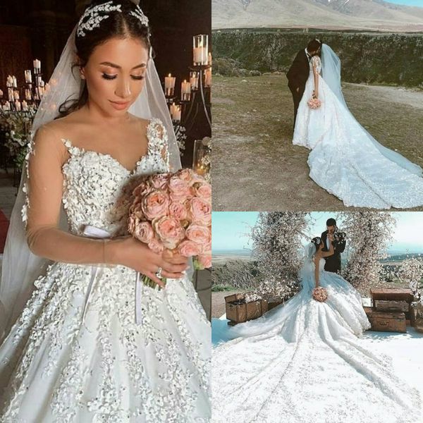 

gorgeous arabic wedding dresses 3d flower appliques sheer neck plus size ball gown wedding dress princess long sleeve bridal gowns, White