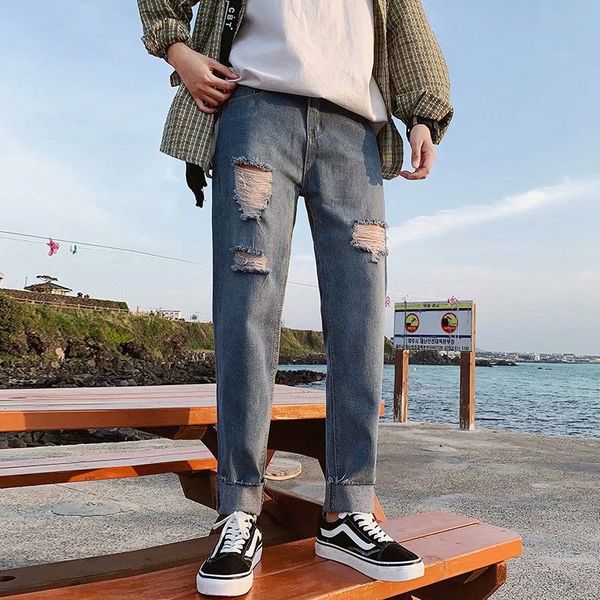 

wholesale 2019 summer cowboy denim harem ripped hole jeans streetwear washing men's hole jeans mens slim distressed pencil pants, Blue
