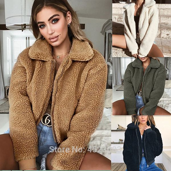 

autumn winter women faux fur coat warm soft outwear zipper teddy overcoat jacket, Black