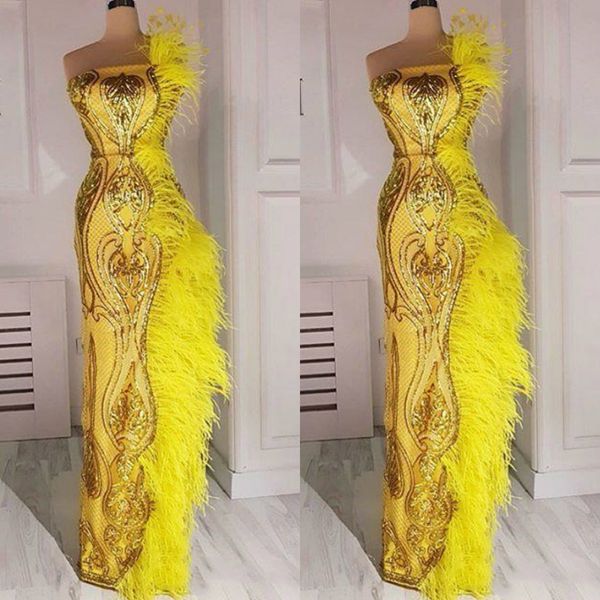 

glamorous yellow 2019 mermaid prom dresses luxury feather sequined appliqued strapless floor length long evening gowns formal wear, Black