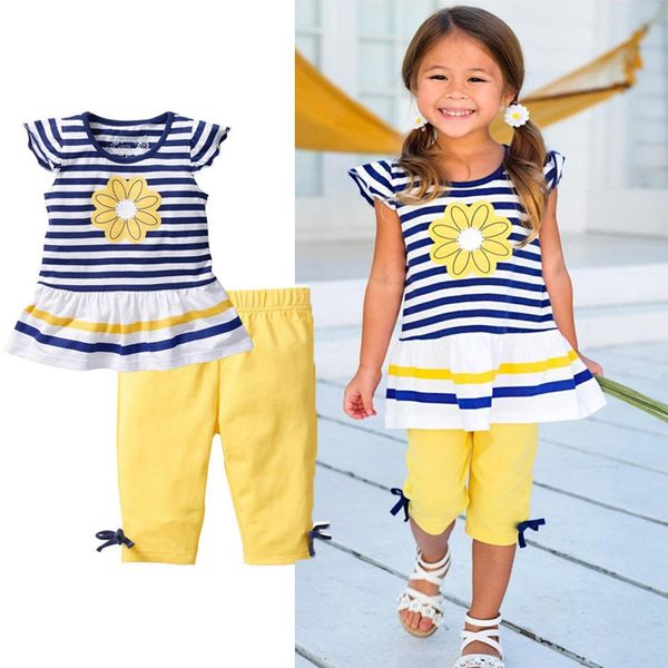 

t-shirt +shorts 2 piece sets summer kids clothes suit striped printed t-shirt solid shorts kids designer clothes girls dhl jy200, White