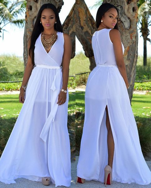 

summer women prom dress chiffon skater dress v-neck sleeveless split wrap dresses bohemian beach sun dresses, Black