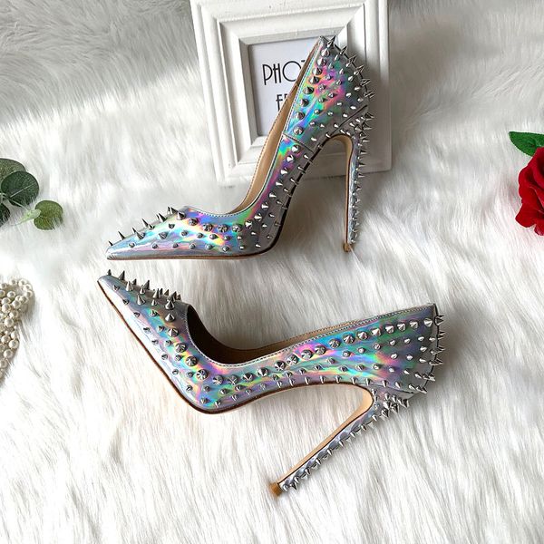 

2020 lady women bridal wedding multicolor spikes silver laser patent leather heel shoes pump poined toes stiletto heel shoes, Black