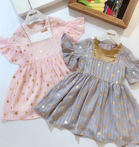 

6414 golden dot prints ruffles princess baby girl dress 2020 new summer party wedding kid dress for girl wholesale child clothes, Red;yellow