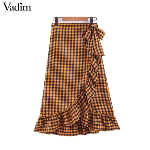 

vadim women elegant yellow plaid ruffled midi wrap skirt waist bow tie design female casual wear mid calf a line skirts ba565, Black