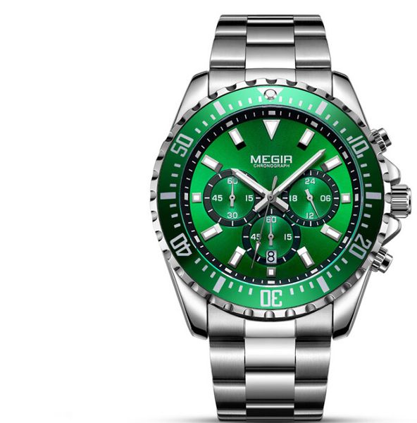 

megir/ green water ghost multifunctional men's fashion sports men's quartz watch luminous, timing, calendar, small pins, Slivery;brown