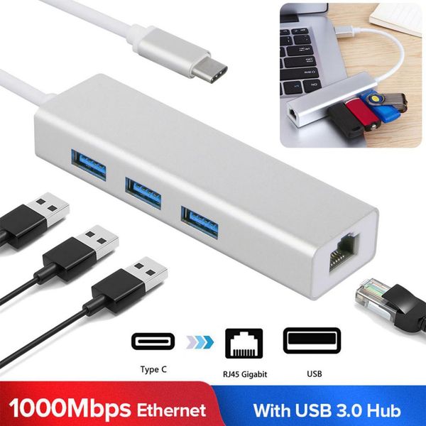 

4 в 1 типе c до 3 портов usb 3.0 gigabit ethernet port hub adapter, серебристый