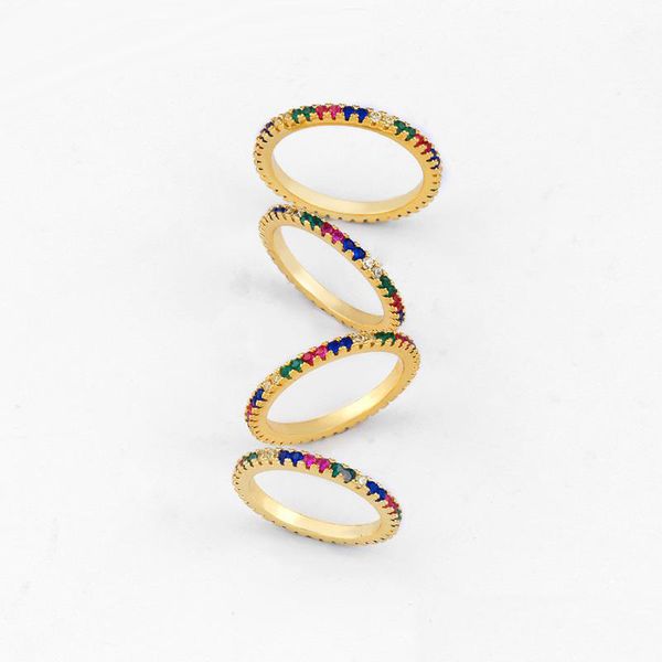 Vergoldete 2 mm breite Regenbogen-Ringe für Damen, rund, bunt, Zirkonia, Eternity-Ring, winzige roségoldfarbene Eheringe, Party-Schmuck