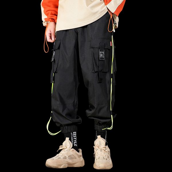 

2020 dossan мужчины женщины multi-карман талии дизайн гаремные street punk hip hop повседневные брюки бегуны довольно стиль брюки, Black