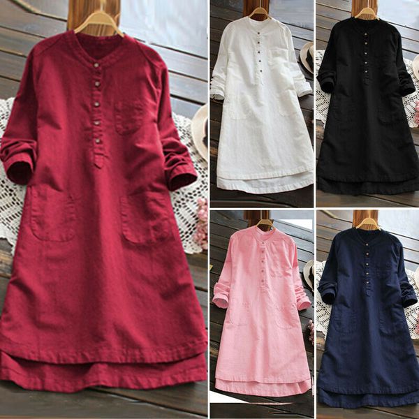 

big size dresses summer 2020 cotton linen shirt women button up long women's tunic blouse loose short sleeve solid irregular w3, White