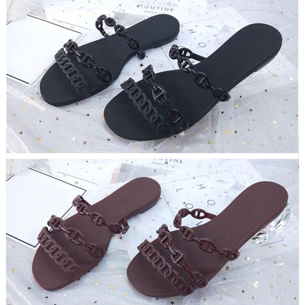 

brand designer women slippers 2020 europe and america chain jelly flat shoes most popular lady beach fashion leisure sandals slippers, Black